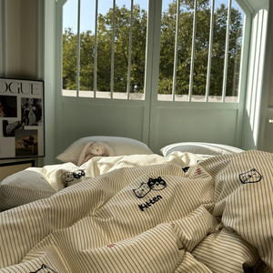 卡通黑白条纹小猫被套全棉单件单双人纯棉被子被罩宿舍180x220cm