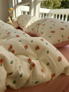 少女心超柔软皱皱双层纱小草莓四件套1.5m1.8母婴级纯棉被套床单