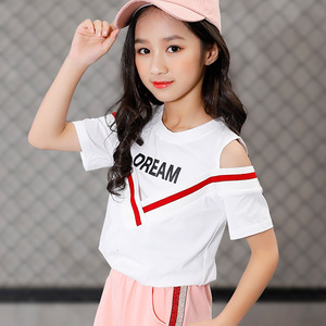女童露肩t恤短袖2022新款纯棉白色上衣中大童洋气儿童夏装打底衫