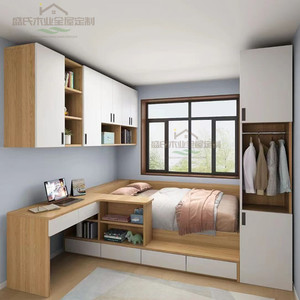 小户型床衣柜一体省空间高箱小卧室带书桌转角吊柜组合定制储物床