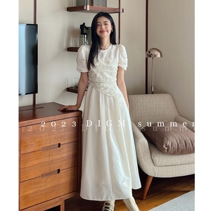 茶歇法式新中式白色连衣裙女夏季气质高级感仙女长裙小白裙短袖