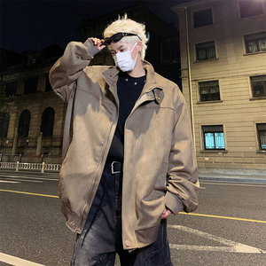 麂皮绒外套潮牌欧美街头男春季hiphop高街日系复古设计感翻领夹克