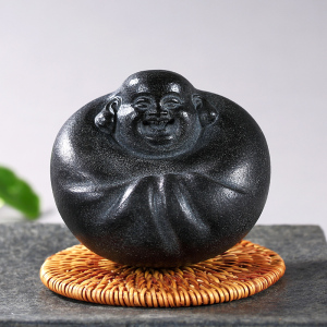 陶立方 手工乌金石弥勒不倒翁茶宠天然石雕可养茶玩家居小号摆件