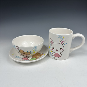 瑕疵特价 陶瓷儿童餐具彩绘贴花卡通动漫兔年牛奶杯碗平盘小碟子