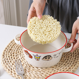 可爱少女心双耳泡面碗带盖陶瓷蜡笔小新餐具手柄ins风宿舍用学生