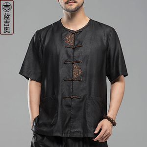 香云纱唐装男短袖真丝桑蚕丝莨绸套装爸爸爷爷老人中国风华服上衣