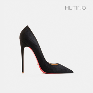 hltino2024年春季新款黑色高跟鞋12cm细跟性感尖头夜店绒面鞋子女