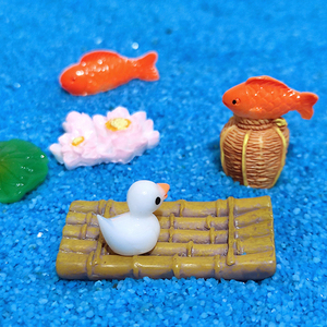 中式迷你竹筏鱼篓小船渔船海洋鱼缸造景微景观树脂装饰材料小摆件