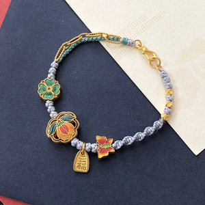 【莲】原创设计黄金手串24k足金高温烧蓝编绳手链女莲花桃花首饰