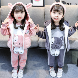 韩版洋气儿童卫衣加绒加厚女童套装宝宝三件套小童保暖外套秋冬季