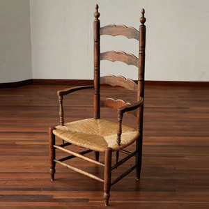 中古风样板间扶手实木餐椅家用靠背单人椅设计师复古藤编民宿茶椅