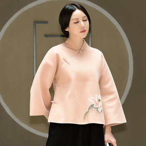 汉服改良复古茶艺服装中国风唐装女2018新款秋中式盘扣上衣禅修服