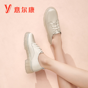 意尔康女鞋春秋季粗跟真皮英伦风小皮鞋女士职业工作鞋休闲百搭