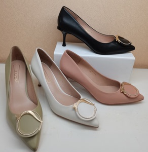 2021春新季浅口尖头中跟羊皮通勤女单鞋ka21100-13虎妞boby2010369