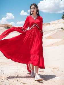 云南旅游女装茶卡盐湖拍照裙子沙漠复古民族风飘逸红裙连衣裙长裙