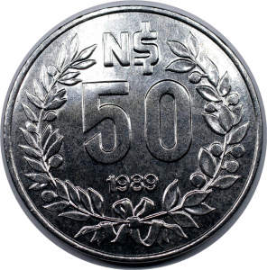 全新乌拉圭50新比索硬币 1989年版 23mm