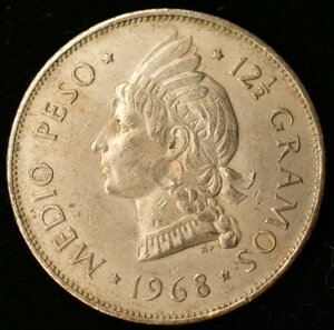 多米尼加1/2比索硬币 1967-68年版 km#21a.