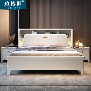 全实木床卧室1.8橡胶木北欧现代简约1.5米主卧双人床储物白色家具