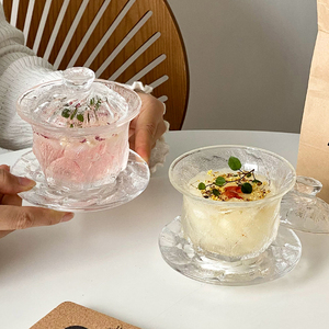 新中式玄冰燕窝盅 带盖玻璃碗点心甜品碗糖水碗碗碟套装透明家用