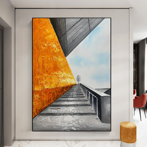 手绘油画现代玄关空间延伸画诧寂风抽象黑白橙装饰画建筑走廊挂画
