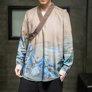 中国风印花斜襟交领改良汉服男汉元素古装衣服中式复古民族风男装