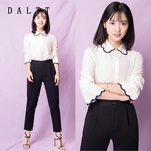 daltt春晚沈月明星同款黑波浪边拼接白色雪纺衬衫黑色九分裤套装