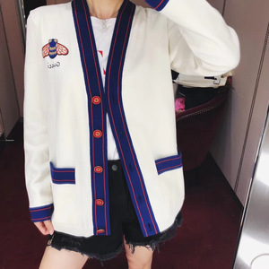 正品代购gucci古奇2020早春款撞色刺绣小蜜蜂v领针织开衫外套女