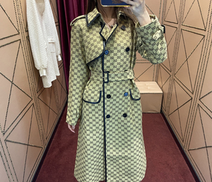正品代购gucci古奇2021秋冬新款双g提花配腰带双排扣修身长款风衣
