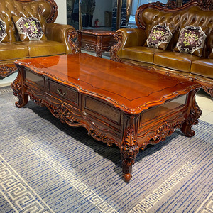 欧式实木茶几红棕色钢琴烤漆雕花茶几电视柜组合别墅奢华客厅家具