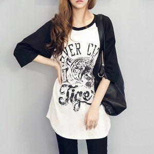韩国版型设计纯棉宽松长款春夏休闲插肩袖短袖中袖半袖T恤衫女装