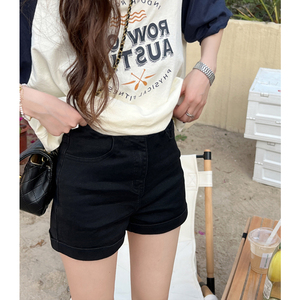 孕妇牛仔短裤子女夏季薄款韩国时尚外穿黑色托腹卷边阔腿三分热裤