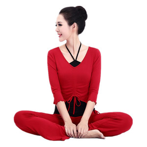 新款瑜伽服套装中国红三件套莫代尔纯棉修身舞蹈服健身运动性感女