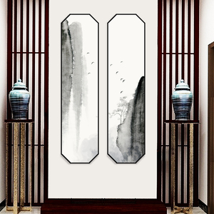 新中式玄关装饰画竖条屏八边形禅意水墨山水挂画走廊过道楼梯墙画