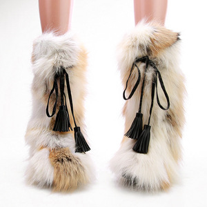 2024冬新款女式室外高筒毛毛靴子女士自然色狐狸毛高跟雪地靴