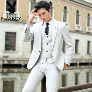 花花公子三件套小西装男士春秋韩版修身白色新郎结婚礼服西服套装