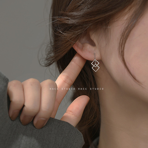 显脸小925纯银几何方形耳环耳坠高级感耳钉女简约气质耳饰2021年
