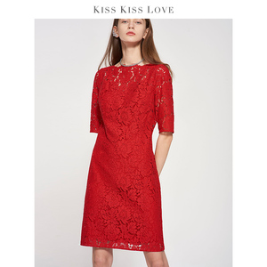 kiss kiss love新款欧美一字领红色婚礼服中袖蕾丝裙日常穿连衣裙