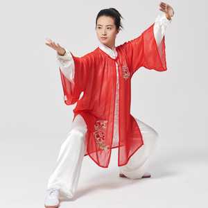 大红色刺绣花太极披纱 女团体比赛飘逸练功纱衣武术表演单件纱衣