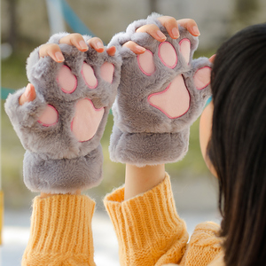 半指猫爪手套女冬天韩版可爱毛绒学生冬季加绒加厚保暖露五指手套