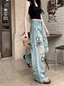 kumikumi设计感涂鸦印花破洞牛仔阔腿裤女夏季高腰直筒裤拖地裤潮