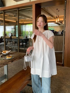 kumikumi设计感纯色圆领衬衫女装早春休闲宽松oversize中长款上衣
