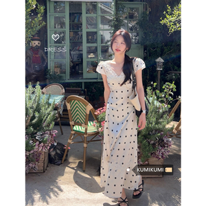 kumikumi设计感气质波点连衣裙女夏季法式修身蕾丝花边包臀裙长裙