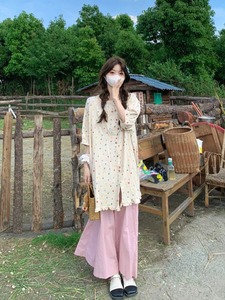 kumikumi温柔风套装复古彩色点点衬衫女装夏季松紧腰阔腿裤两件套