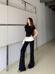 kumikumi辣妹风套装女蝴蝶结镂空短袖T恤夏季休闲微喇叭裤两件套