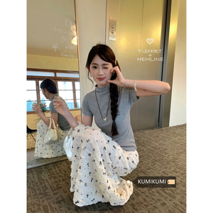 kumikumi温柔风套装半高领短袖T恤女装夏季蕾丝碎花半身裙两件套