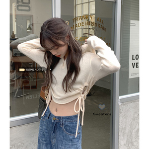 kumikumi镂空系带短款连帽上衣女秋季洋气小众设计感长袖针织毛衣
