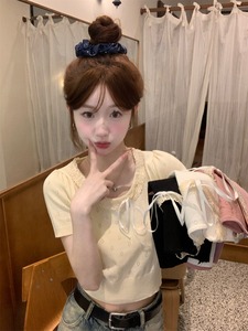 kumikumi设计感蕾丝边镂空短袖针织衫女夏季短款修身百搭套头上衣