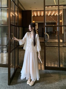 kumikumi新中式套装女国风盘扣V领衬衫夏季网纱A字裙半身裙两件套