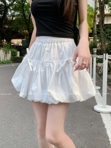 白色短裙甜美风花苞裙女松紧腰褶皱半身裙夏季小个子蝴蝶结A字裙
