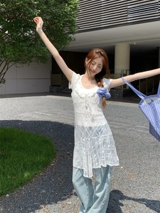 kumikumi时尚套装女白色打底衫T恤夏季叠穿蕾丝背心连衣裙两件套